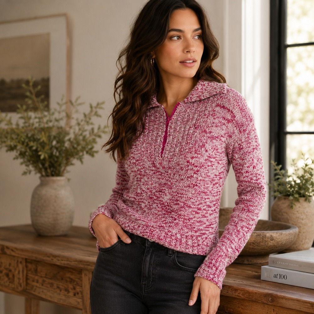 Central Park West Sweater Womens XS Pink Space Dye Aubree Quarter Zip Preppy
